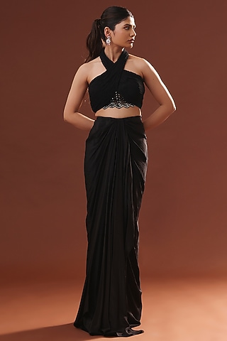 Black Crepe Dhoti Skirt Set by LABEL PRIYANKA KHOKKER