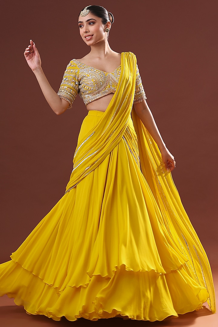 Yellow Georgette Lehenga Saree Set by LABEL PRIYANKA KHOKKER at Pernia's Pop Up Shop