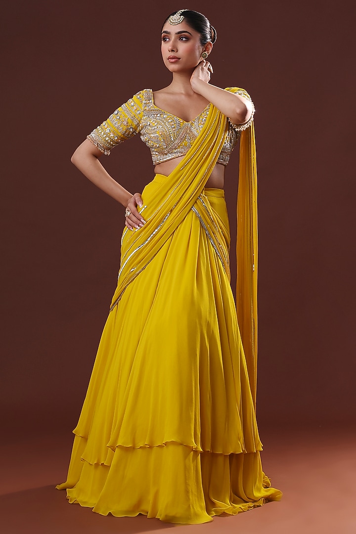 Yellow Georgette Wedding Lehenga Saree Set by LABEL PRIYANKA KHOKKER at Pernia's Pop Up Shop