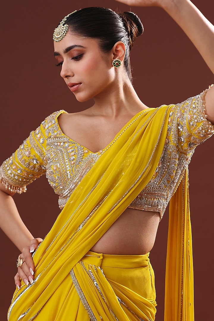 Yellow Georgette Wedding Lehenga Saree Set by LABEL PRIYANKA KHOKKER at Pernia's Pop Up Shop