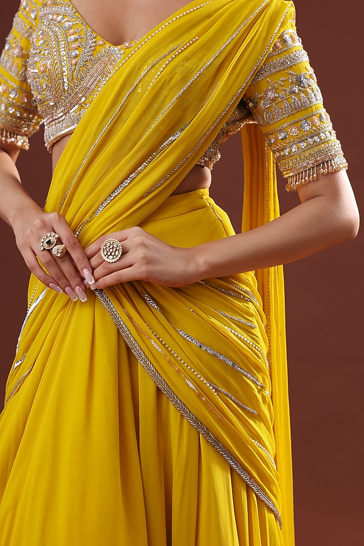Yellow Georgette Wedding Lehenga Saree Set by LABEL PRIYANKA KHOKKER at Pernia's Pop Up Shop