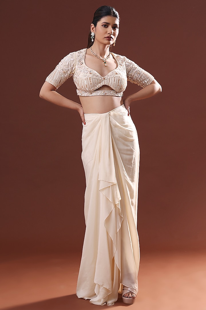 Cream White Georgette Dhoti Skirt Set by LABEL PRIYANKA KHOKKER at Pernia's Pop Up Shop