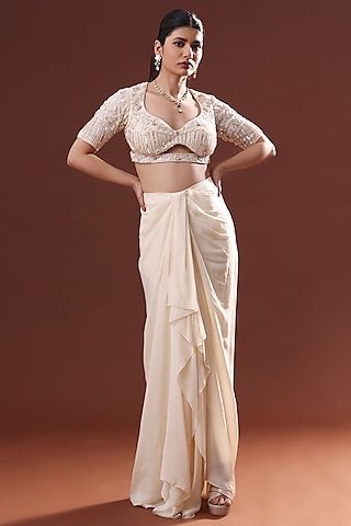 Cream White Georgette Dhoti Skirt Set by LABEL PRIYANKA KHOKKER