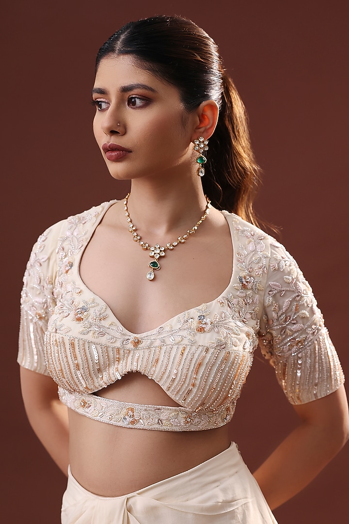 Cream White Georgette Dhoti Skirt Set by LABEL PRIYANKA KHOKKER at Pernia's Pop Up Shop