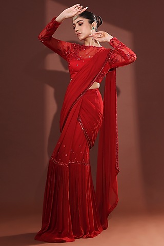 Red Georgette Pleated Pre-Draped Saree Set by LABEL PRIYANKA KHOKKER