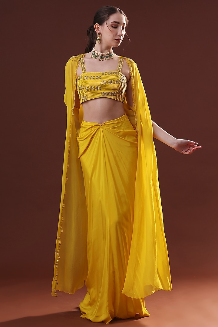 Mustard Crepe Draped Skirt Set by LABEL PRIYANKA KHOKKER at Pernia's Pop Up Shop