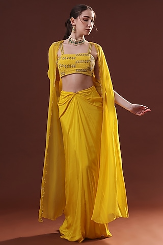 Mustard Crepe Draped Skirt Set by LABEL PRIYANKA KHOKKER