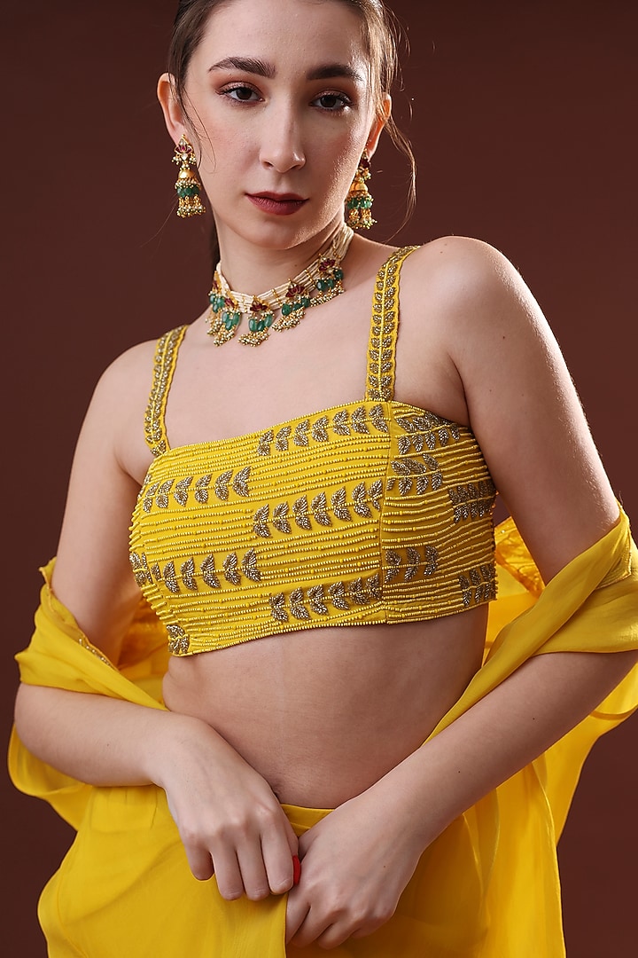 Mustard Crepe Draped Skirt Set by LABEL PRIYANKA KHOKKER at Pernia's Pop Up Shop