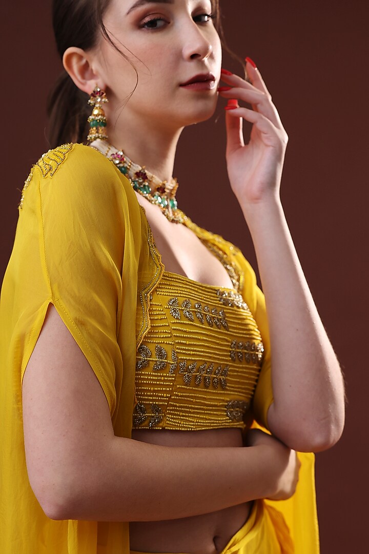 Mustard Crepe Draped Skirt Set by LABEL PRIYANKA KHOKKER at Pernia's Pop Up Shop