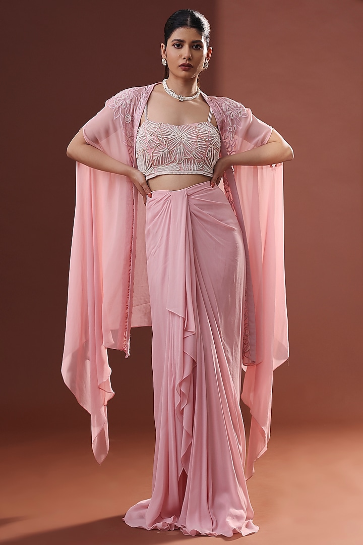 Blush Pink Georgette Draped Skirt Set by LABEL PRIYANKA KHOKKER at Pernia's Pop Up Shop