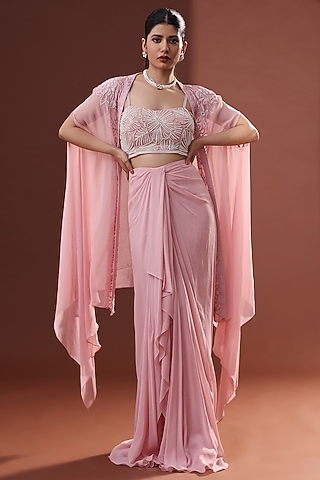 Blush Pink Georgette Draped Skirt Set by LABEL PRIYANKA KHOKKER