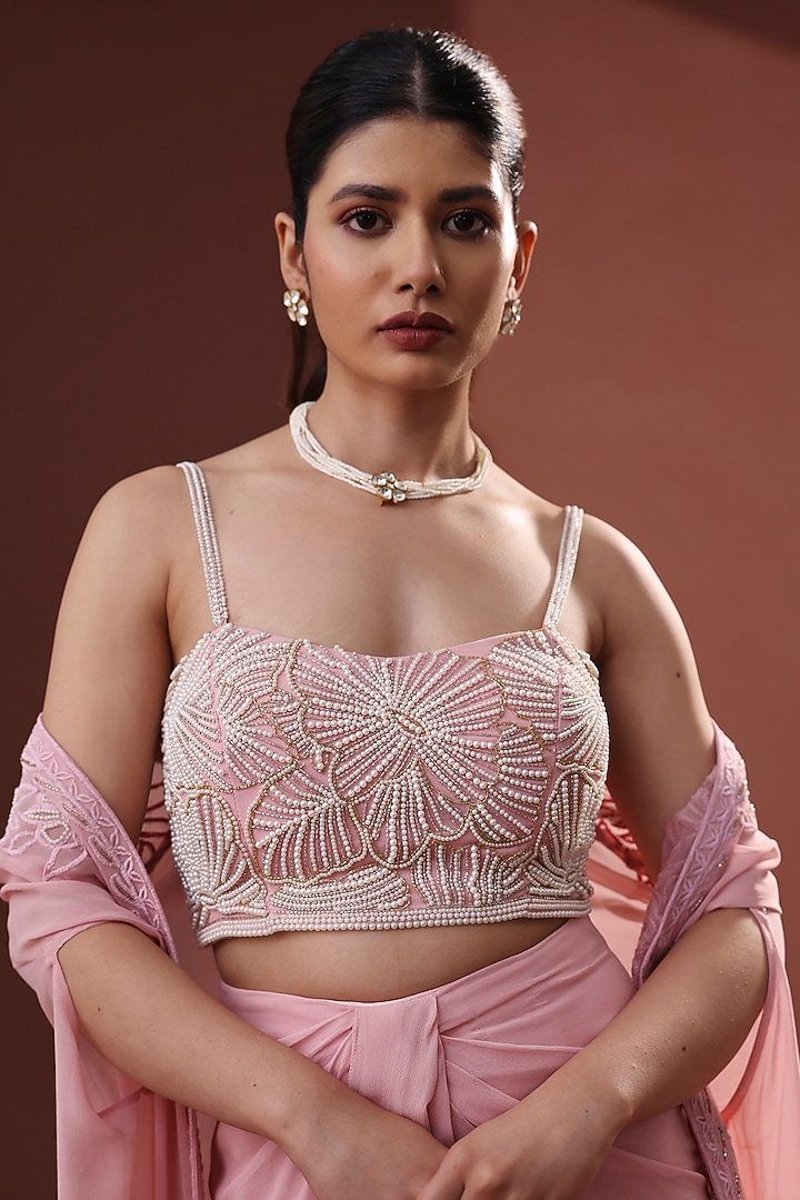 Blush Pink Georgette Draped Skirt Set by LABEL PRIYANKA KHOKKER at Pernia's Pop Up Shop