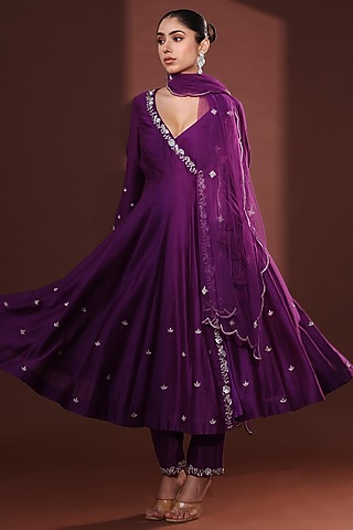 Purple Chanderi Anarkali Set by LABEL PRIYANKA KHOKKER
