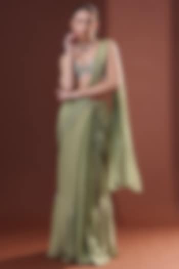 Pista Green Chiffon Pre-Stitched Saree Set by LABEL PRIYANKA KHOKKER at Pernia's Pop Up Shop