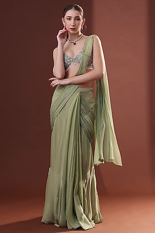 Pista Green Chiffon Pre-Stitched Saree Set by LABEL PRIYANKA KHOKKER