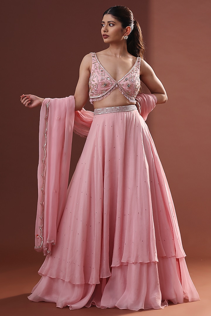 Blush Pink Organza Tiered Wedding Lehenga Set by LABEL PRIYANKA KHOKKER at Pernia's Pop Up Shop