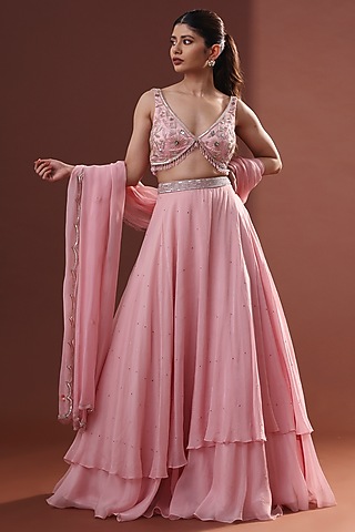 Blush Pink Organza Tiered Lehenga Set by LABEL PRIYANKA KHOKKER