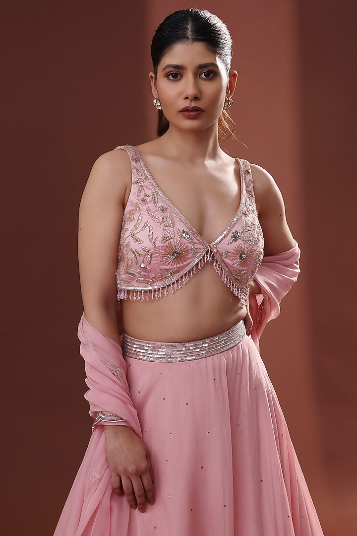 Blush Pink Organza Tiered Wedding Lehenga Set by LABEL PRIYANKA KHOKKER at Pernia's Pop Up Shop