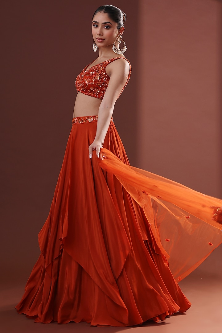 Burnt Orange Crepe Asymmetrical Wedding Lehenga Set by LABEL PRIYANKA KHOKKER at Pernia's Pop Up Shop