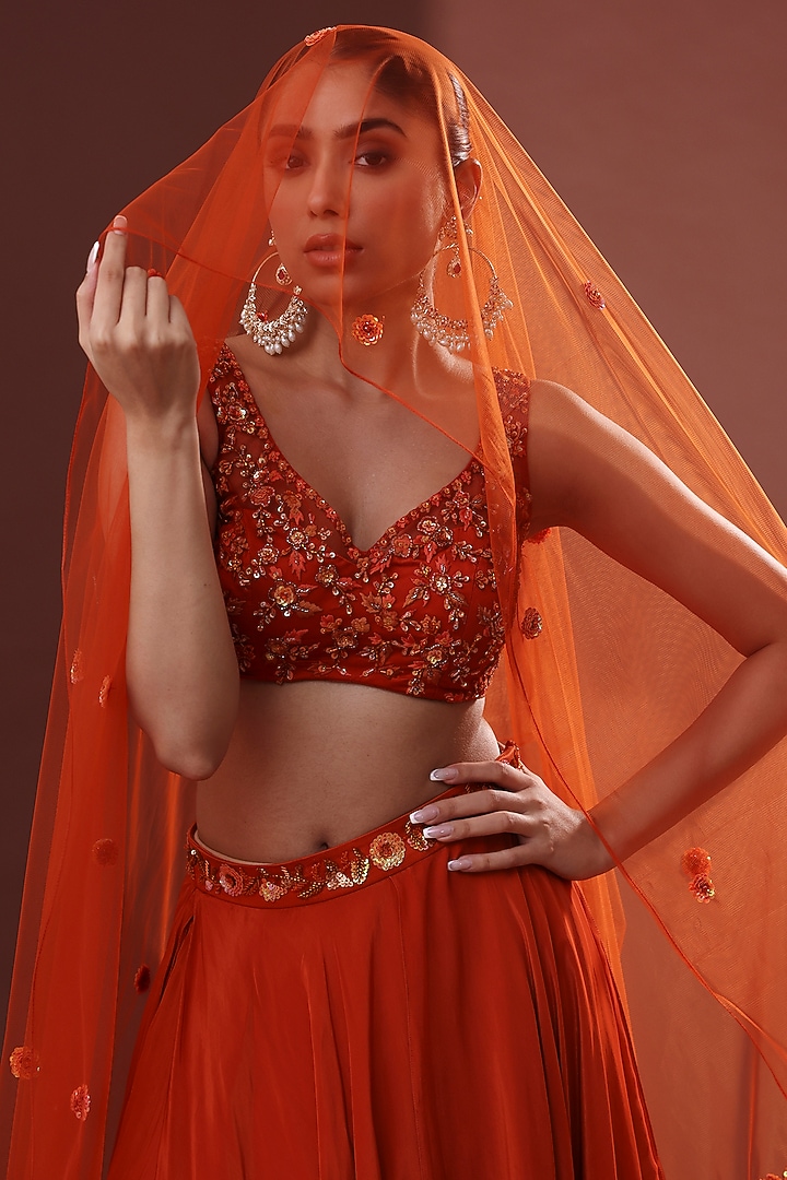 Burnt Orange Crepe Asymmetrical Wedding Lehenga Set by LABEL PRIYANKA KHOKKER at Pernia's Pop Up Shop