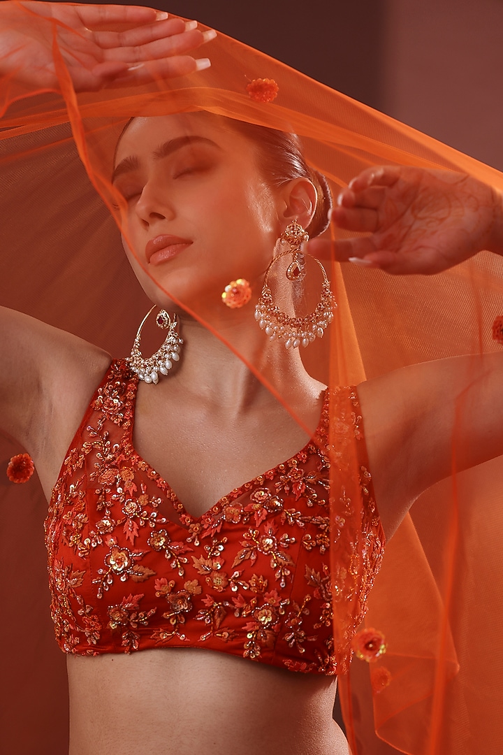 Burnt Orange Crepe Asymmetrical Wedding Lehenga Set by LABEL PRIYANKA KHOKKER at Pernia's Pop Up Shop