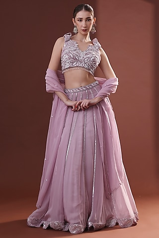 Lilac Organza Lehenga Set by LABEL PRIYANKA KHOKKER