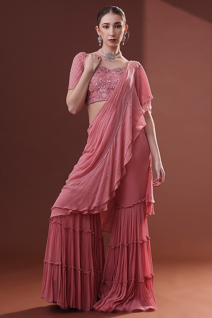 Dark Peach Georgette Pre-Draped Sharara Saree Set by LABEL PRIYANKA KHOKKER at Pernia's Pop Up Shop