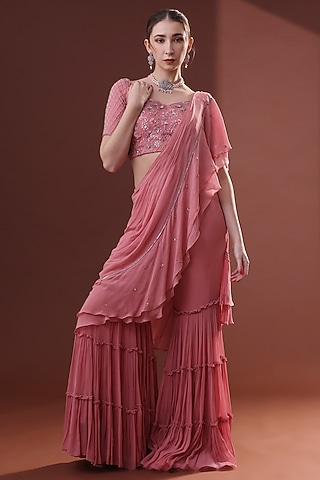 Dark Peach Georgette Pre-Draped Sharara Saree Set by LABEL PRIYANKA KHOKKER