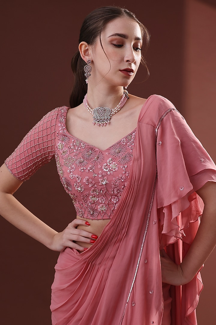 Dark Peach Georgette Pre-Draped Sharara Wedding Saree Set by LABEL PRIYANKA KHOKKER at Pernia's Pop Up Shop