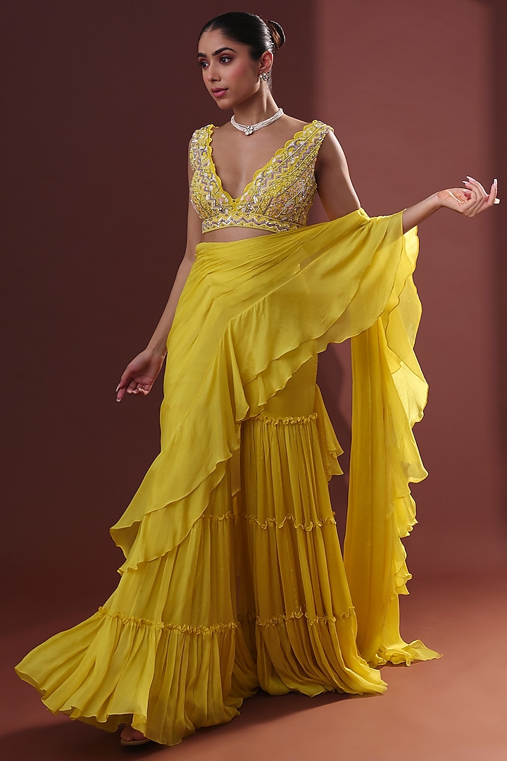 Yellow Georgette Pre-Draped Sharara Saree Set by LABEL PRIYANKA KHOKKER at Pernia's Pop Up Shop