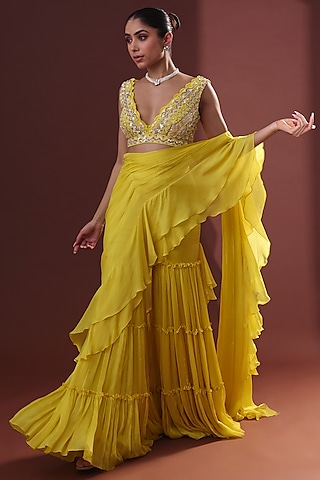 Yellow Georgette Pre-Draped Sharara Saree Set by LABEL PRIYANKA KHOKKER
