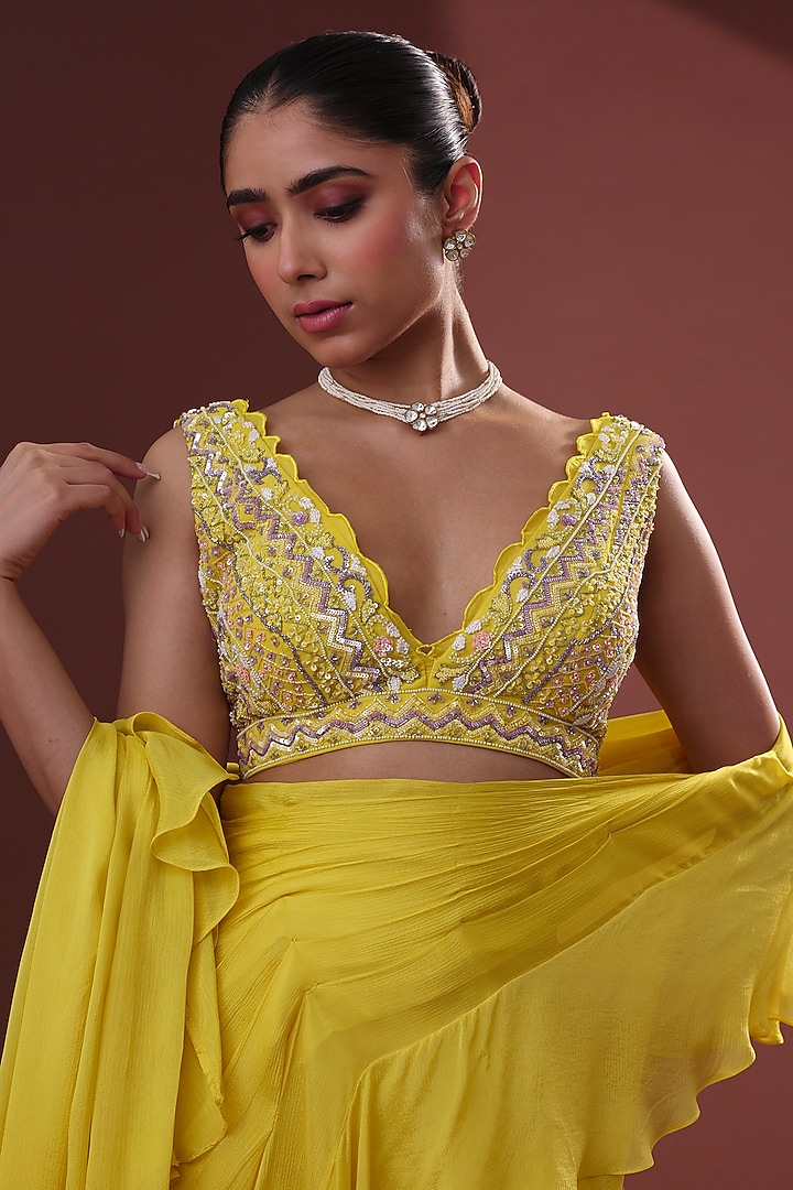 Yellow Georgette Pre-Draped Sharara Wedding Saree Set by LABEL PRIYANKA KHOKKER at Pernia's Pop Up Shop