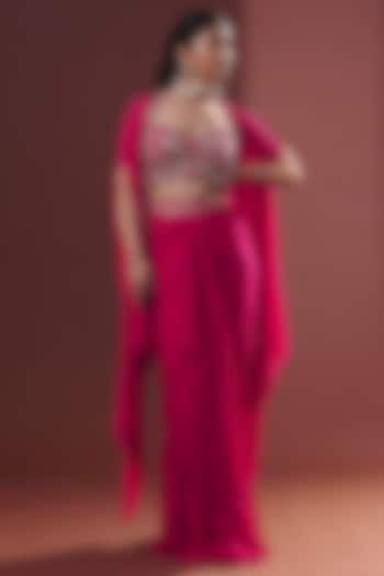 Magenta Pink Georgette Draped Skirt Set by LABEL PRIYANKA KHOKKER at Pernia's Pop Up Shop