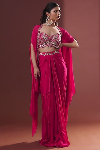 Magenta Pink Georgette Draped Skirt Set by LABEL PRIYANKA KHOKKER