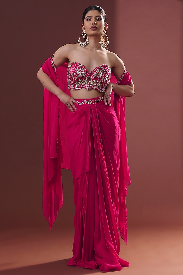 Magenta Pink Georgette Draped Skirt Set by LABEL PRIYANKA KHOKKER at Pernia's Pop Up Shop