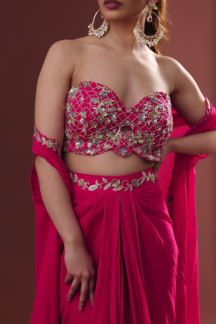 Magenta Pink Georgette Draped Skirt Set by LABEL PRIYANKA KHOKKER at Pernia's Pop Up Shop