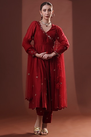 Deep Red Chanderi Anarkali Set by LABEL PRIYANKA KHOKKER