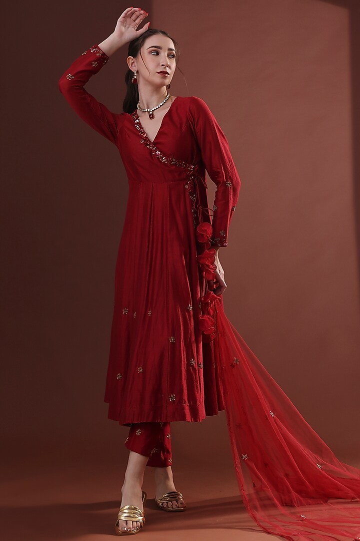 Deep Red Chanderi Wedding Anarkali Set by LABEL PRIYANKA KHOKKER at Pernia's Pop Up Shop