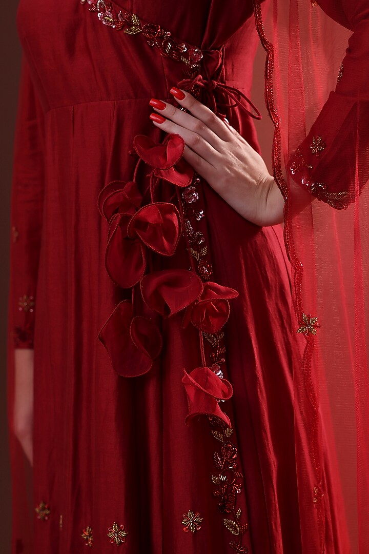 Deep Red Chanderi Wedding Anarkali Set by LABEL PRIYANKA KHOKKER at Pernia's Pop Up Shop