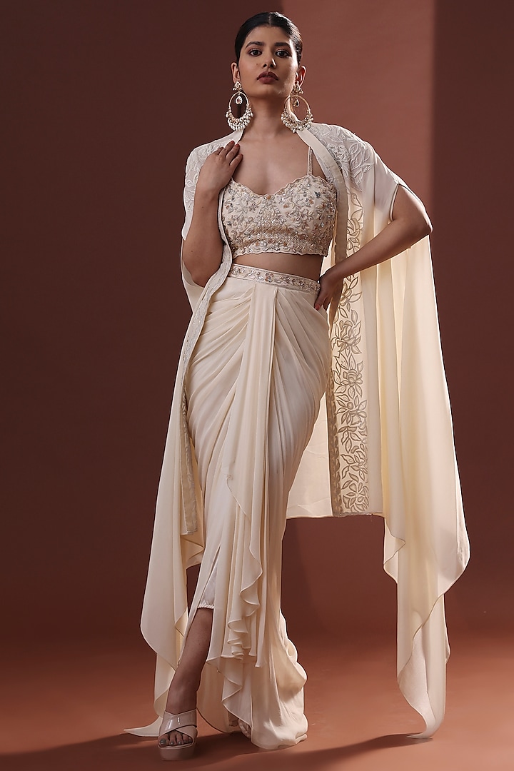 Cream Georgette Draped Skirt Set by LABEL PRIYANKA KHOKKER at Pernia's Pop Up Shop