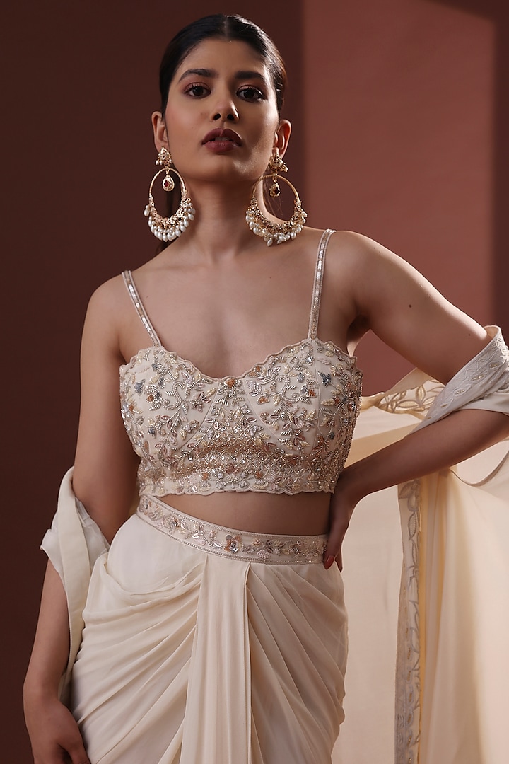 Cream Georgette Draped Skirt Set by LABEL PRIYANKA KHOKKER at Pernia's Pop Up Shop