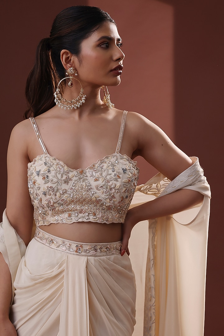 Cream Georgette Draped Skirt Set by LABEL PRIYANKA KHOKKER at Pernia's Pop Up Shop