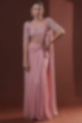 Blush Pink Georgette Pre-Stitched Saree Set by LABEL PRIYANKA KHOKKER