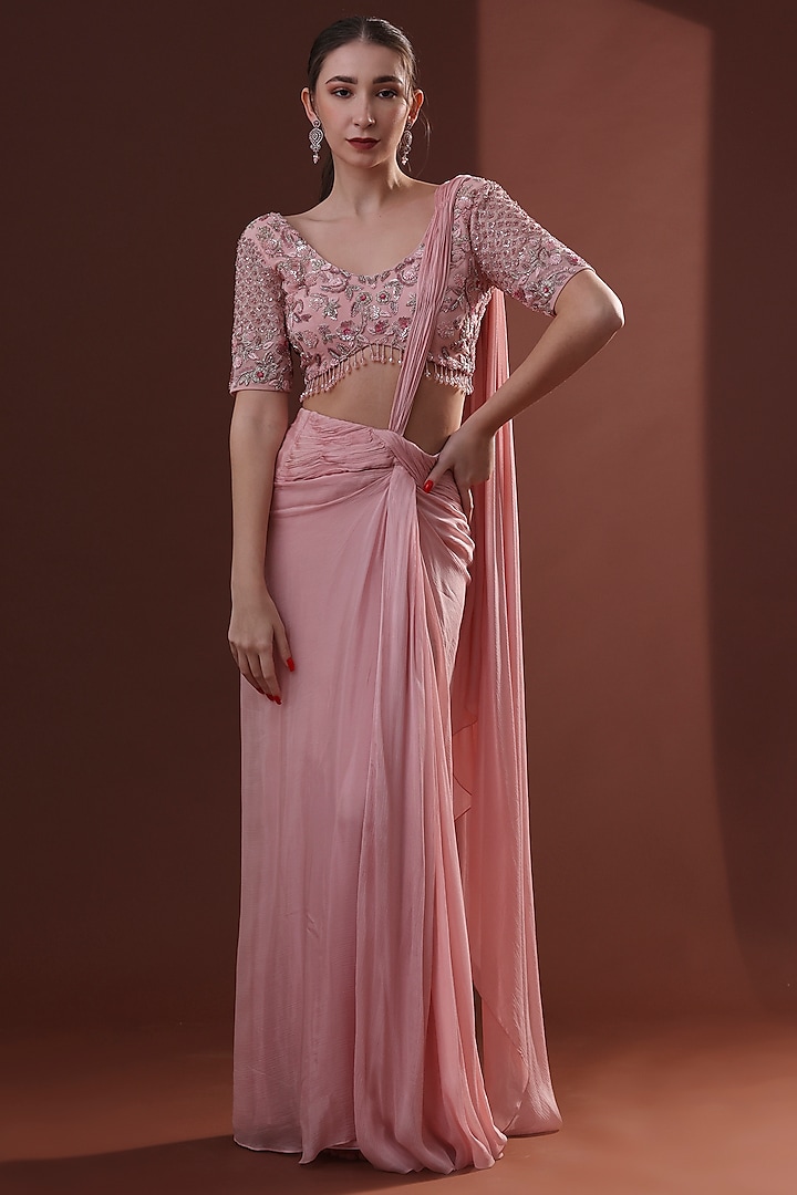 Blush Pink Georgette Pre-Stitched Saree Set by LABEL PRIYANKA KHOKKER