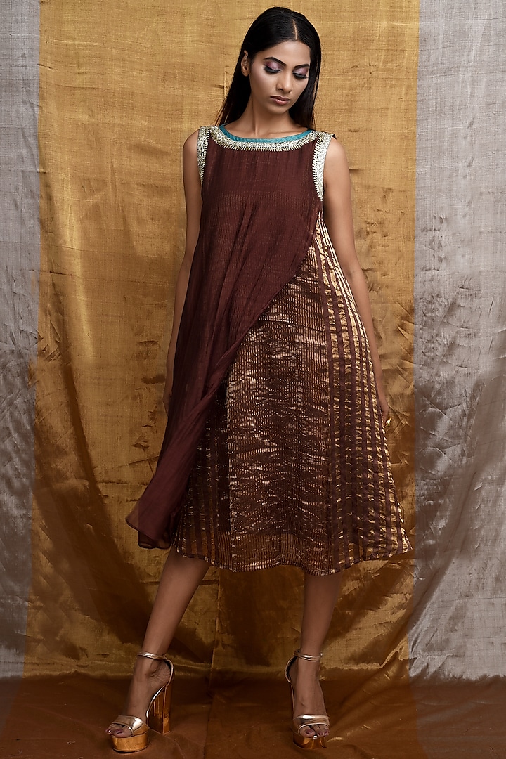 Coffee Brown Embroidered Dress by Priti Prashant