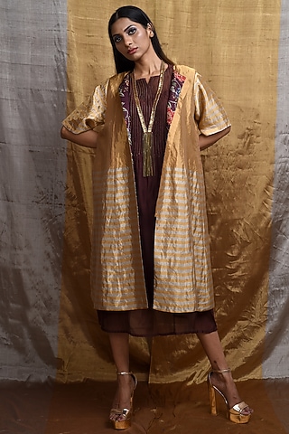 Gold Silk Tissue Jacket Dress by Priti Prashant