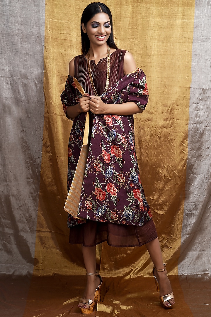 Brown Cotton Silk Jacket Dress by Priti Prashant