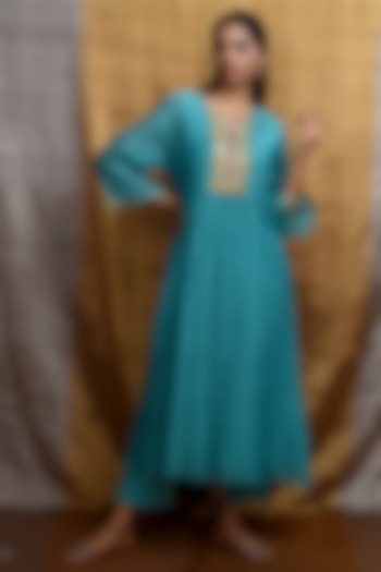 Light Turquoise Handwoven Cotton Silk Kurta Set by Priti Prashant