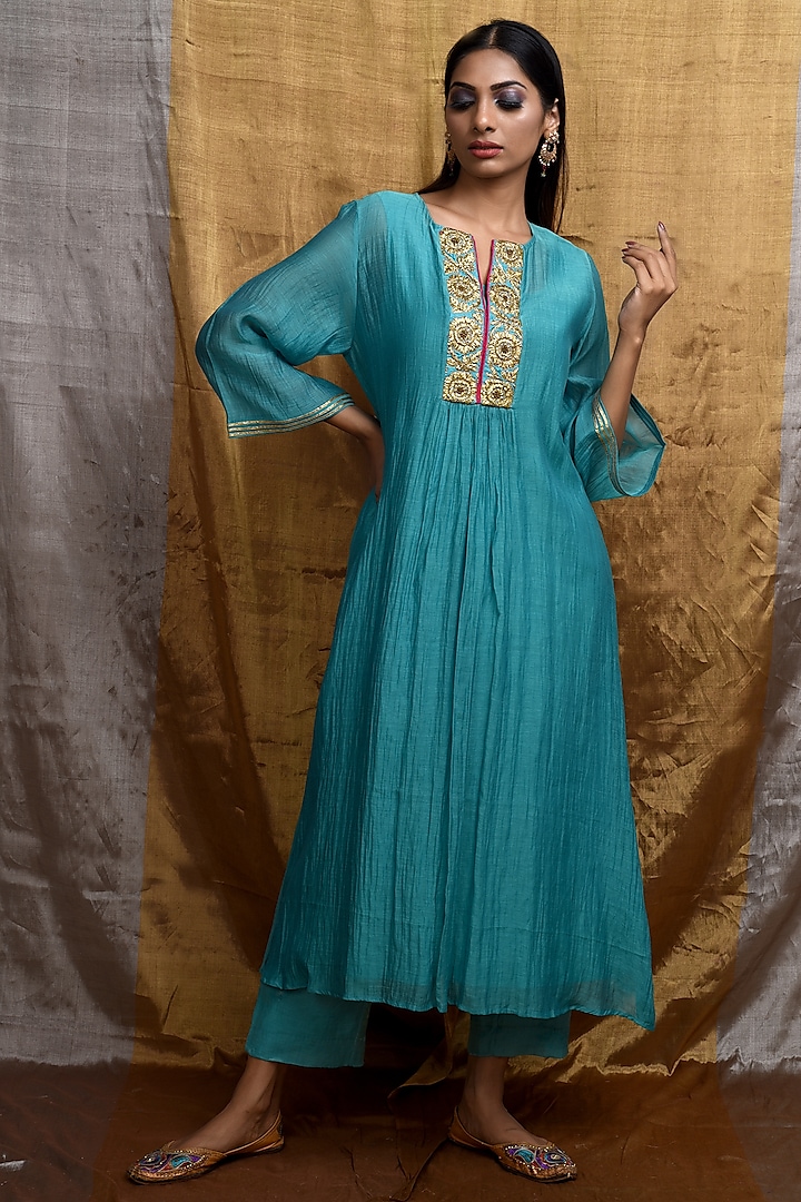 Light Turquoise Handwoven Cotton Silk Kurta Set by Priti Prashant