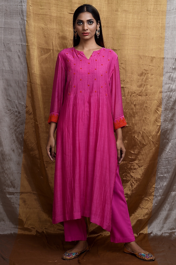 Pink Handwoven Cotton Silk Kurta Set by Priti Prashant